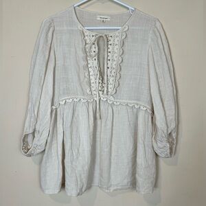 Max Studio Lace Trim Blouse Long Sleeve Tie Neck Sz L